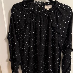LOFT Black and White Polka Dot Ruffle Neck Blouse